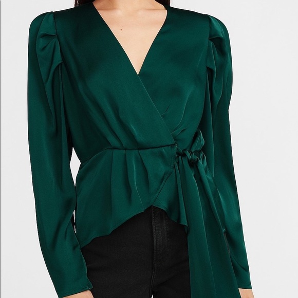 Express Tops - Express Emerald Green Satin Wrap Front Bow Top